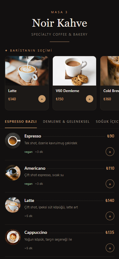 Masamatik sipariş ekranı — bir kafenin menüsü, kategoriler ve sepete ekleme akışı