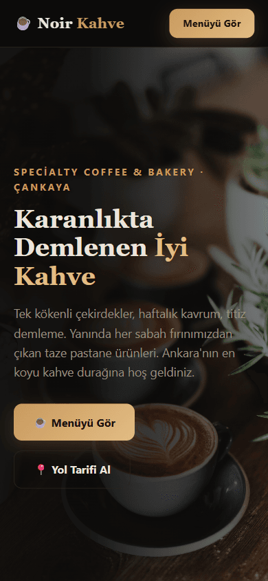 Aynı kafenin Masamatik ile kurulmuş web sitesi — mobil görünüm